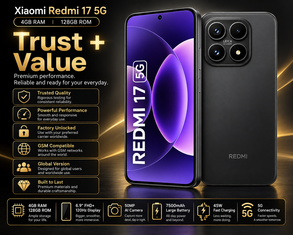 Black Xiaomi Redmi 17 5G smartphone front and back with rear quad-lens camera