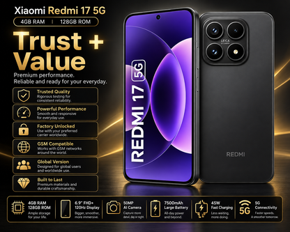 Black Xiaomi Redmi 17 5G smartphone front and back with rear quad-lens camera