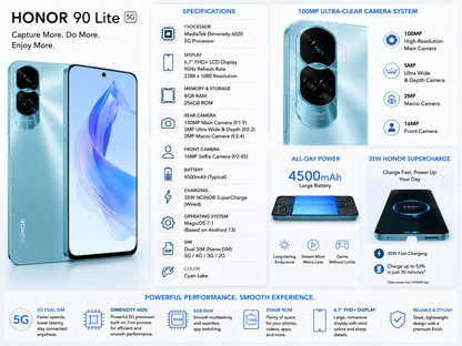 Cyan Honor 90 Lite 5G smartphone with close-up camera and charging pad