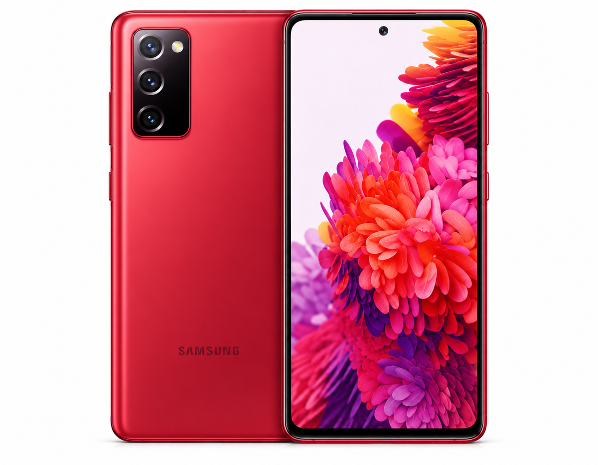 Samsung Galaxy S20 FE 5G smartphone in red, front screen and rear cameras shown