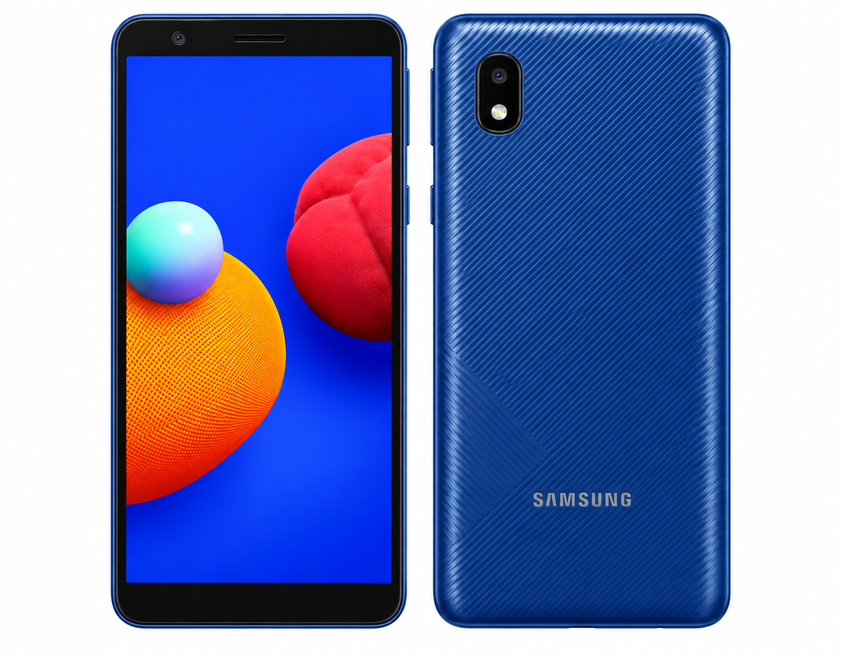 Blue Samsung Galaxy A01 Core smartphone, front and back view with dual camera