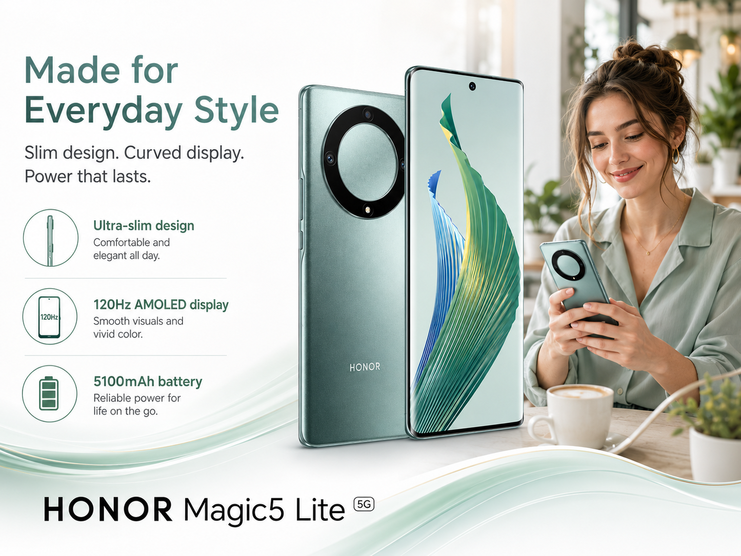 Green Honor Magic5 Lite 5G phone with slim curved display and circular rear camera