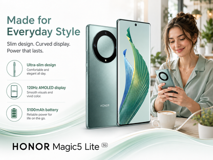 Green Honor Magic5 Lite 5G phone with slim curved display and circular rear camera