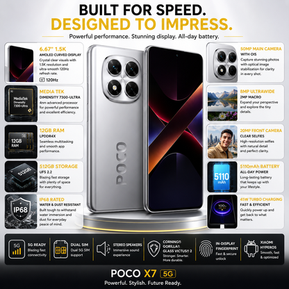 Xiaomi Poco X7 5G Silver smartphone with rear quad-camera and front display, both sides clearly visible