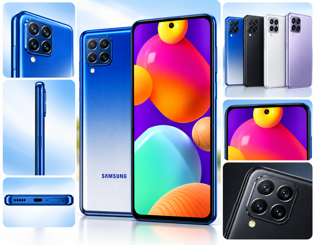 Blue Samsung Galaxy M62 dual-SIM smartphone with multiple views: front, back, and side