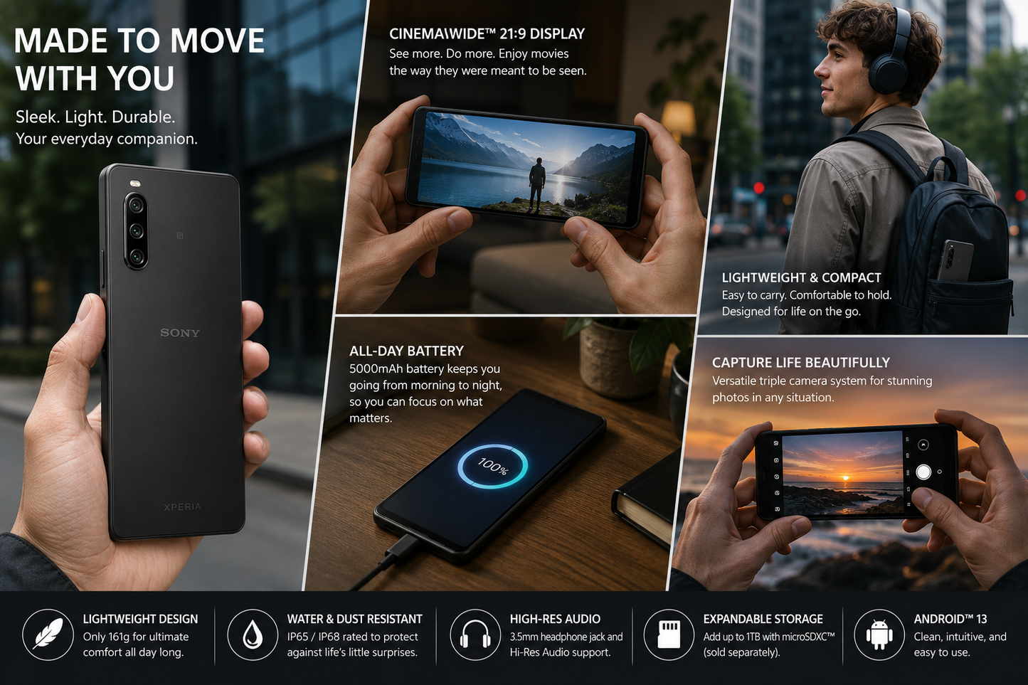 Sony Xperia 10 IV XQ-CC72 5G Dual SIM 128GB 6GB RAM GSM Unlocked – Black
