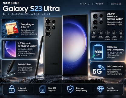 Samsung Galaxy S23 Ultra 5G Black Samsung smartphone with stylus shown beside front and rear views
