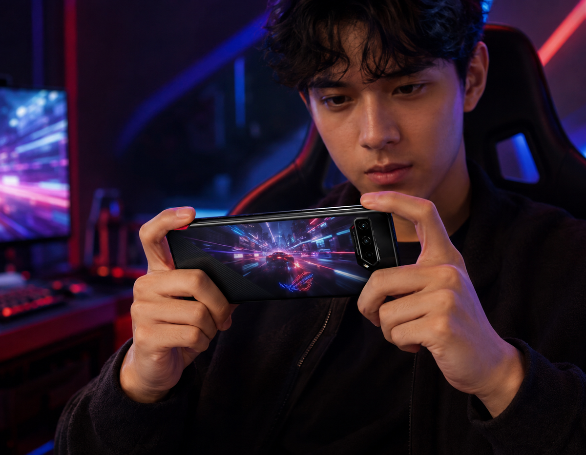 Man holding a black ASUS ROG Phone 5s, gaming display visible in his hands.