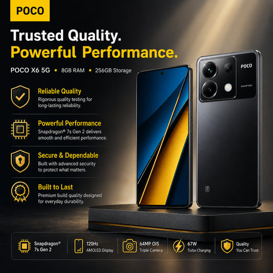 POCO X6 5G phone duo on pedestal in black and blue with quality icons