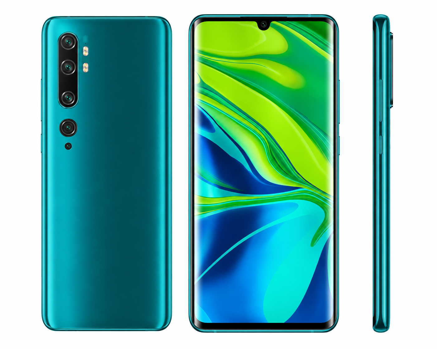 Xiaomi Redmi Note 10 Lake Green smartphone showing back, front display, and side buttons