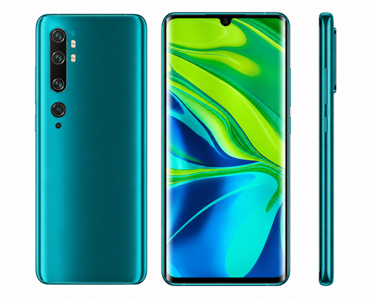 Xiaomi Redmi Note 10 Lake Green smartphone showing back, front display, and side buttons