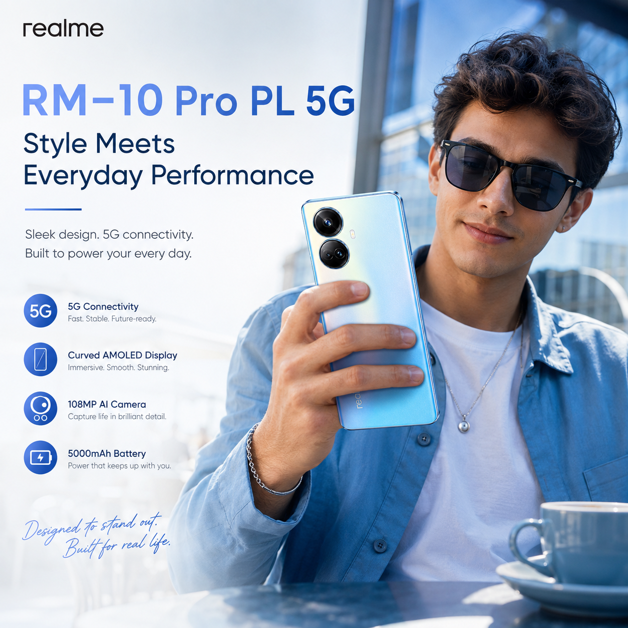 Realme 10 Pro+ 5G Man holding a blue Realme smartphone with curved front display and dual cameras.