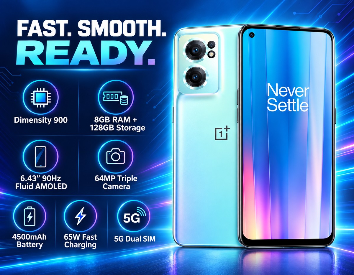 Light blue OnePlus Nord CE2 phone with triple camera module and front display