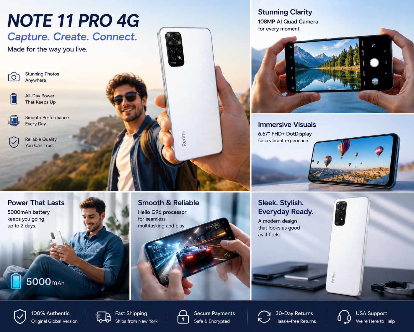 Xiaomi Redmi Note 11 Pro 4G 128GB 6GB RAM Dual SIM GSM Unlocked - Polar White