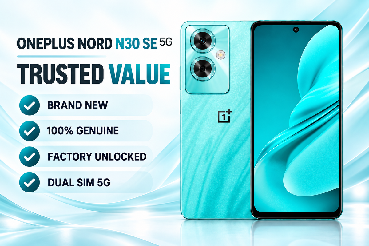 OnePlus Nord N30 SE unlocked smartphone, cyan sparkle back with dual cameras and blue screen