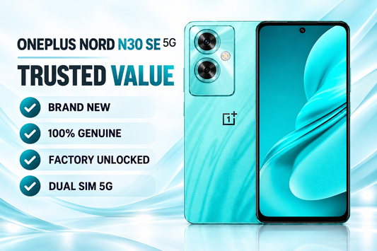 OnePlus Nord N30 SE unlocked smartphone, cyan sparkle back with dual cameras and blue screen