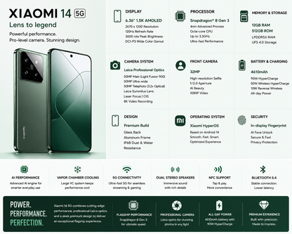 Xiaomi 14 5G 512GB ROM 12GB RAM Dual SIM GSM Unlocked - Green