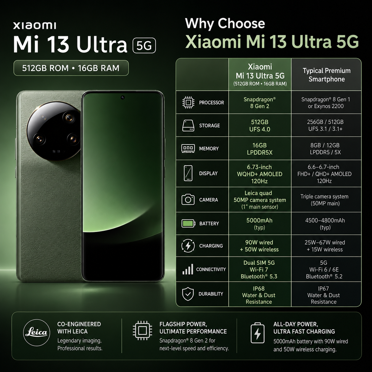 Xiaomi Mi 13 Ultra 5G 512GB ROM 16GB RAM Dual SIM GSM Unlocked - Green