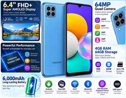 Samsung Galaxy M32 Blue Samsung smartphone front and back view with quad camera array