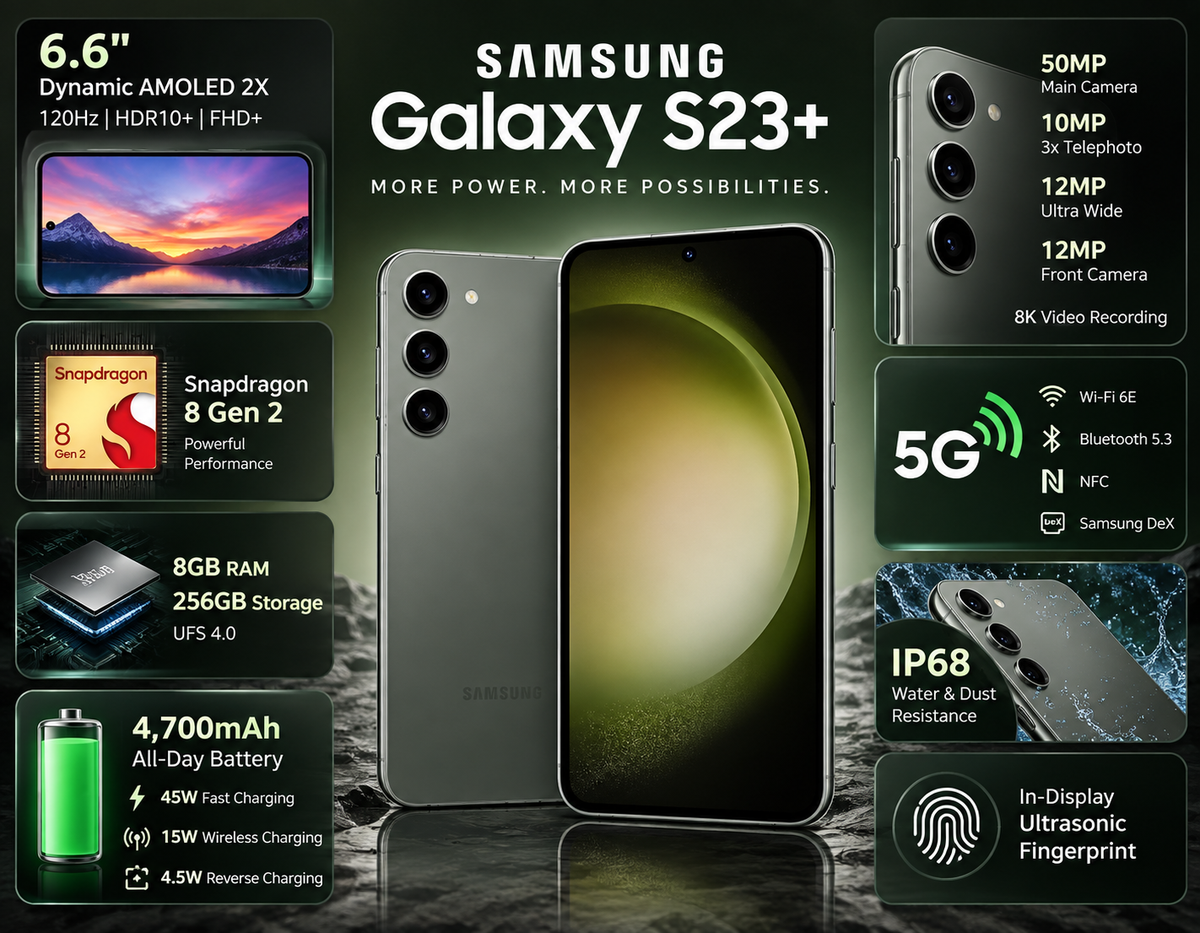 Samsung Galaxy S23+ 5G Green smartphone with rear camera cluster and front screen, feature badges