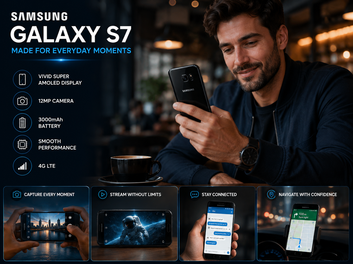 Black Samsung Galaxy S7 smartphone held in hand, back camera facing camera.