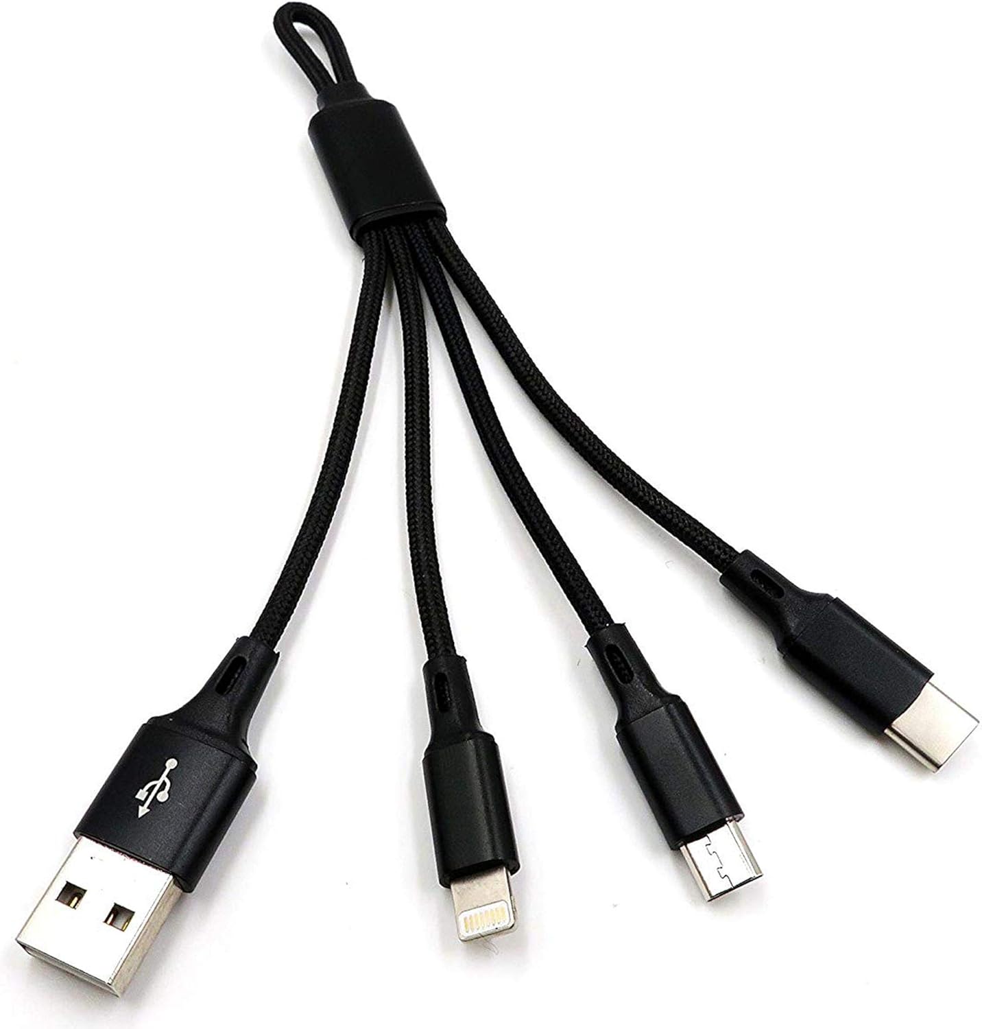 3-in-1 Short Charging Cable for iPhone, USB-C & Micro-USB – 8-Inch Keychain Cord
