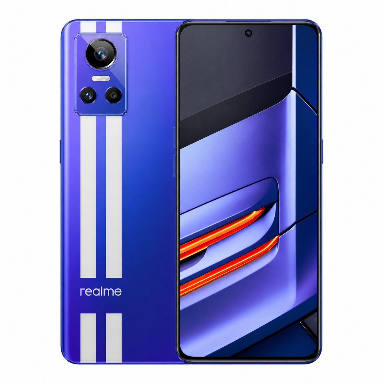 Blue Realme GT Neo 3 5G smartphone back and front, striped rear with camera