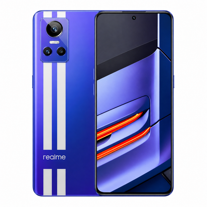 Blue Realme GT Neo 3 5G smartphone back and front, striped rear with camera