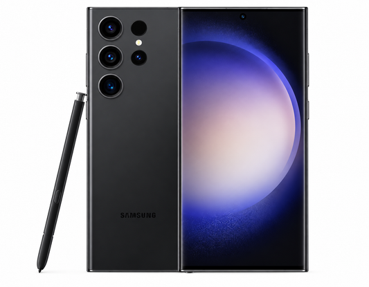 Samsung Galaxy S23 Ultra phone in black, showing front screen and triple rear cameras with pen