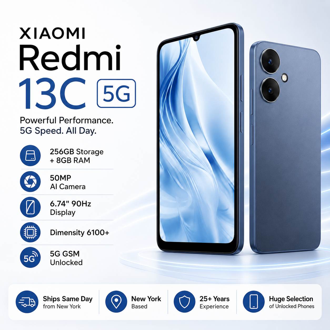 Xiaomi Redmi 13C 5G 256GB ROM 8GB RAM Dual SIM GSM Unlocked - Blue