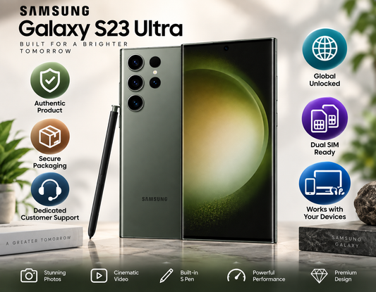 Green Galaxy S23 Ultra smartphone with front screen and back quad camera array