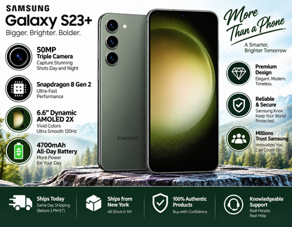 Green Samsung Galaxy S23+ smartphone with front screen and triple rear cameras.