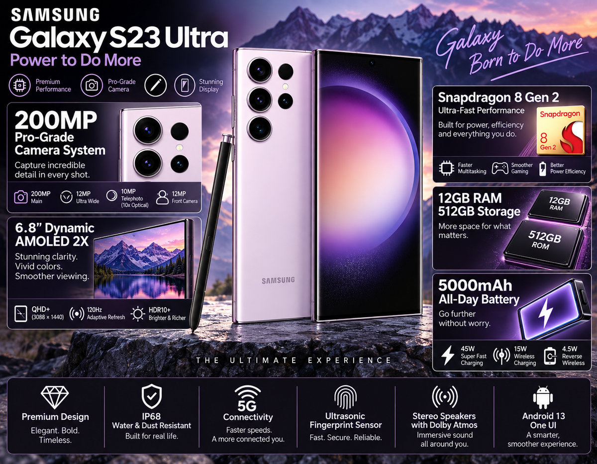 Lavender Galaxy S23 Ultra smartphone pair with S Pen, front and back views