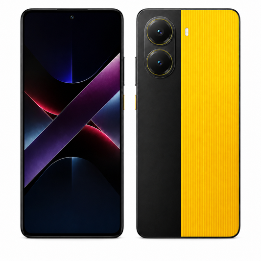 Yellow smartphone with dual rear cameras and front screen visible