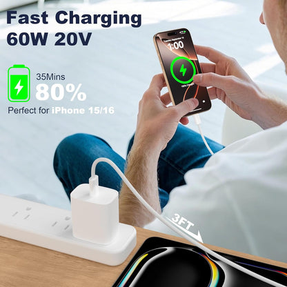USB-C to USB-C Cable 3FT – 60W Braided Fast Charging Cord for iPhone 17/16/15, iPad Pro & USB-C Devices
