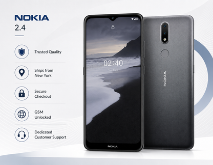 Charcoal grey Nokia 2.4 smartphone with front display and rear dual camera
