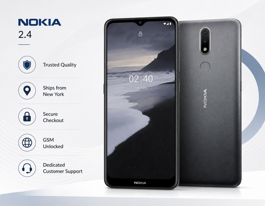 Charcoal grey Nokia 2.4 smartphone with front display and rear dual camera