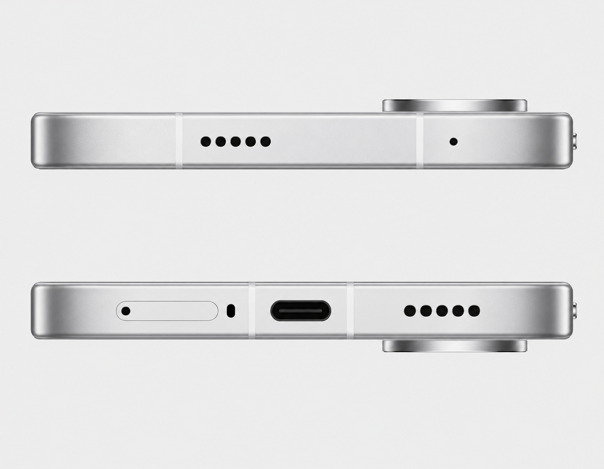 Xiaomi Poco X8 PRO MAX 5G White smartphone port view with speaker holes and USB-C charging port