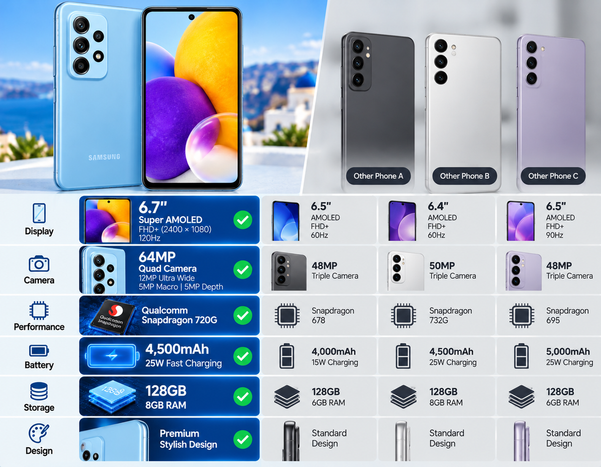Samsung Galaxy A72 A725F-DS 4G Samsung smartphone lineup with multiple colors shown alongside camera and display info