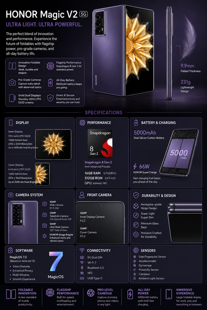 Honor Magic V2 Standard Edition 5G Dual SIM 512GB ROM 16GB RAM GSM Unlocked - Purple