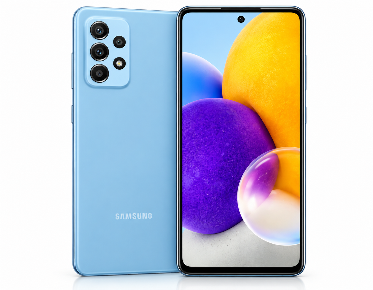 Samsung Galaxy A72 A725F-DS 4G Blue Samsung Galaxy smartphone showing front and back with quad cameras