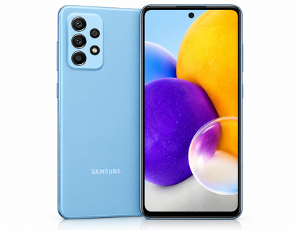 Samsung Galaxy A72 A725F-DS 4G Blue Samsung Galaxy smartphone showing front and back with quad cameras