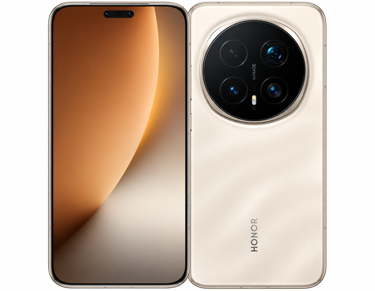 Honor Magic8 Pro smartphones, sunrise gold front and back with quad camera