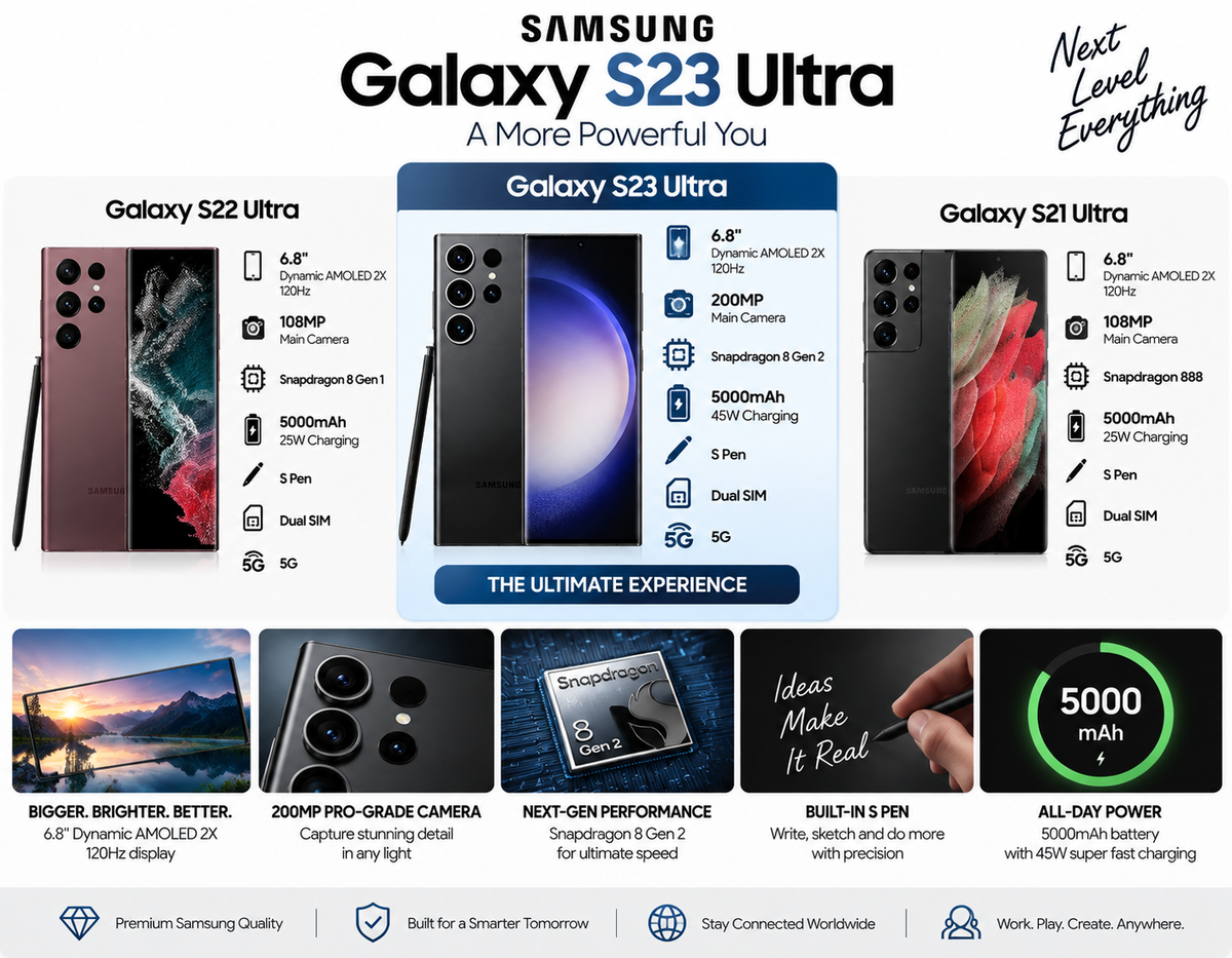 Samsung Galaxy S23 Ultra 5G Black Samsung smartphone promo collage with multiple device views