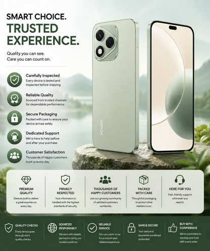 Green Honor smartphone with front and back views; triple rear camera visible