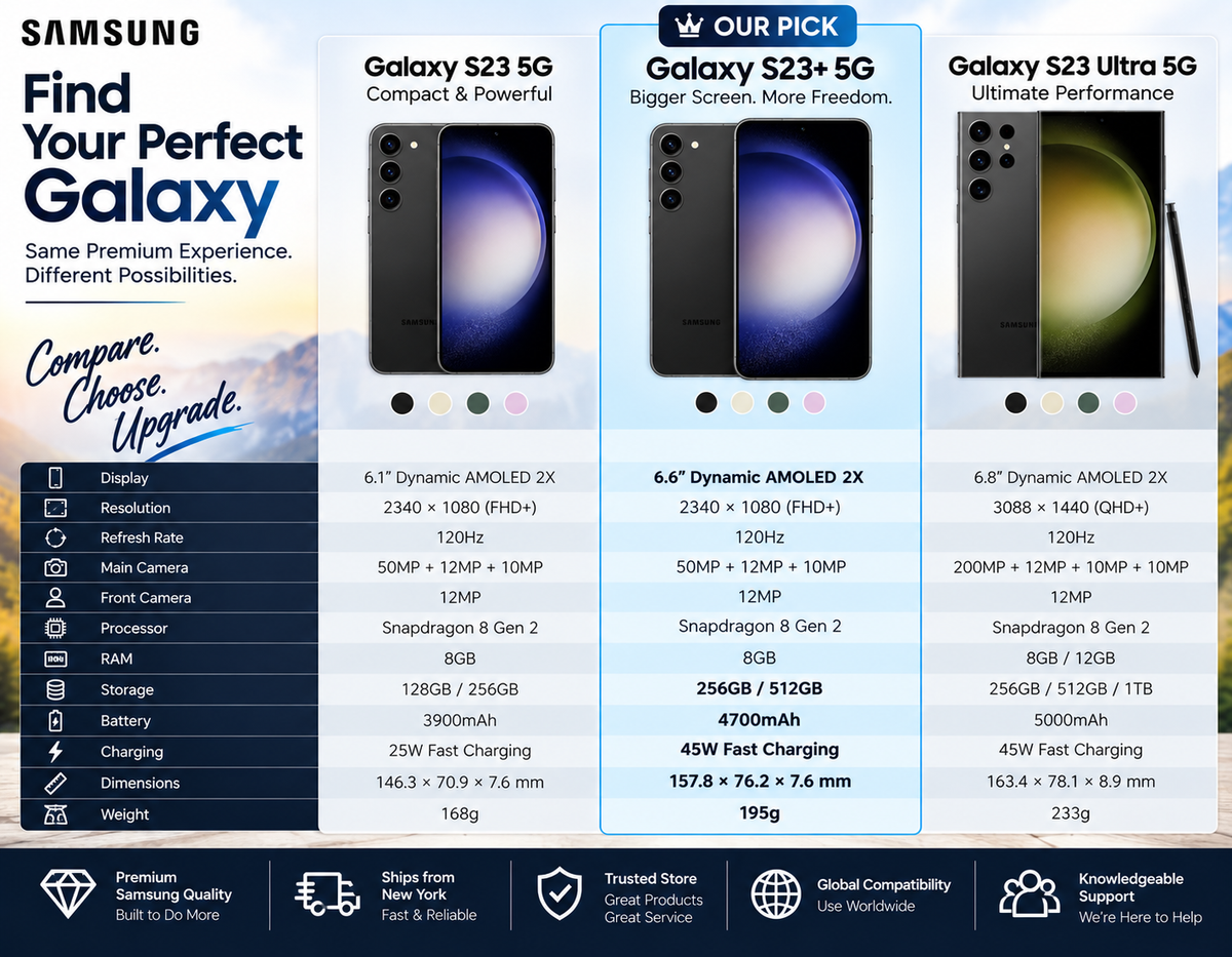 Phantom black Galaxy S23+ 5G smartphone shown front and back on promo graphic