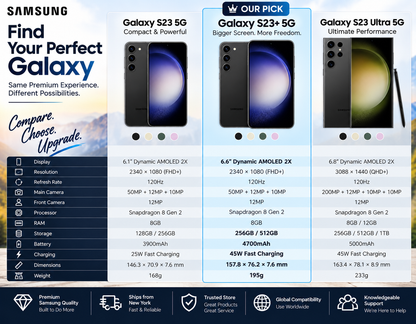 Phantom black Galaxy S23+ 5G smartphone shown front and back on promo graphic