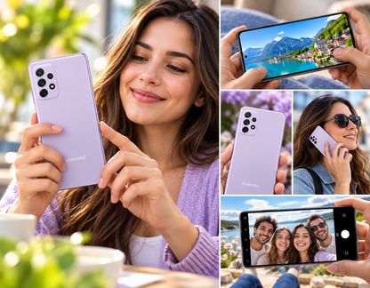 Violet Galaxy A72 smartphone held by a woman, front and back views visible.