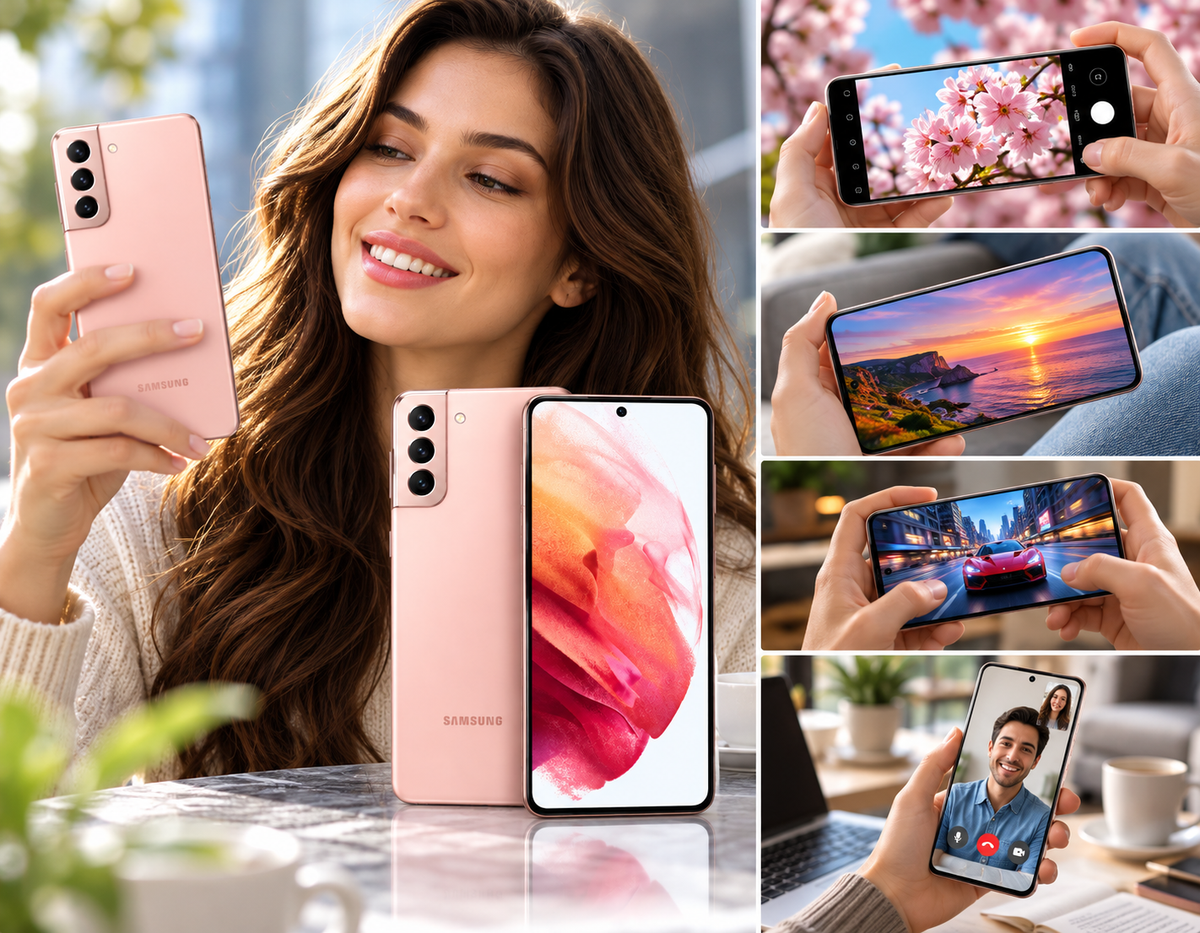 Pink Samsung Galaxy S21 5G phone held for selfies and video calls