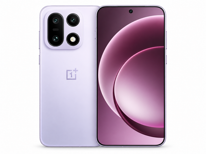 OnePlus 15 5G Violet smartphone set showing front display and rear triple camera module